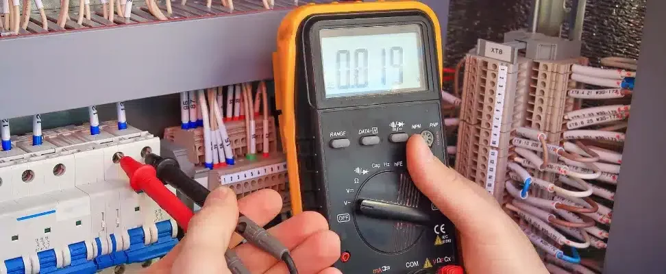 Utilisation d'un multimètre sur un tableau électrique.