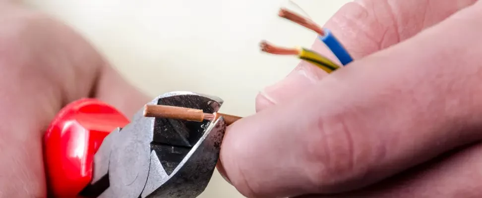 Gros plan sur des fils en train d'être dénudés au niveau des extrémités.